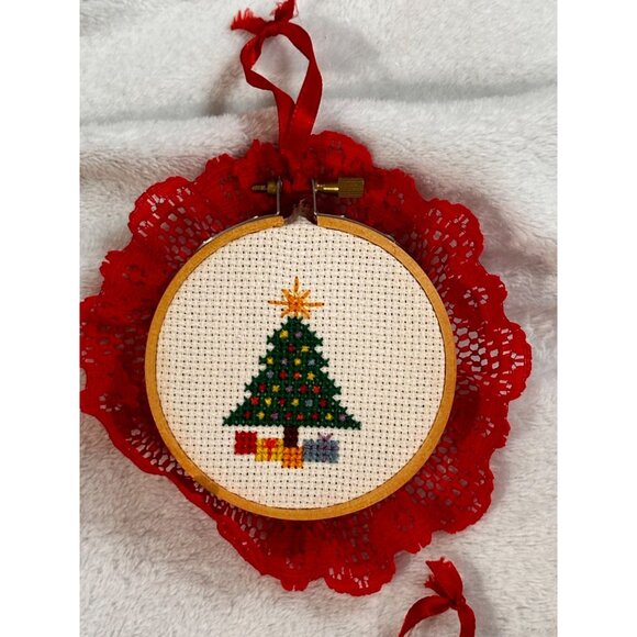 7 Christmas-Themed Cross Stitch Ornaments Lace Trim & Hanging Ribbons Handmade - Picture 9 of 16